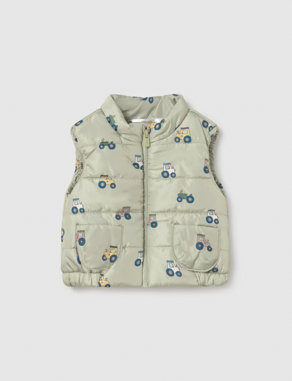 Grey BG close-up — embroidered truck detail + olive jogger waistband; Mayoral label