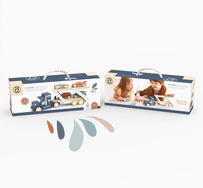 Gift box front and back — rope handle, FSC badge, lifestyle children playing on the reverse