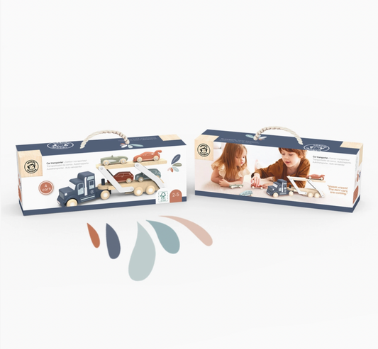Gift box front and back — rope handle, FSC badge, lifestyle children playing on the reverse