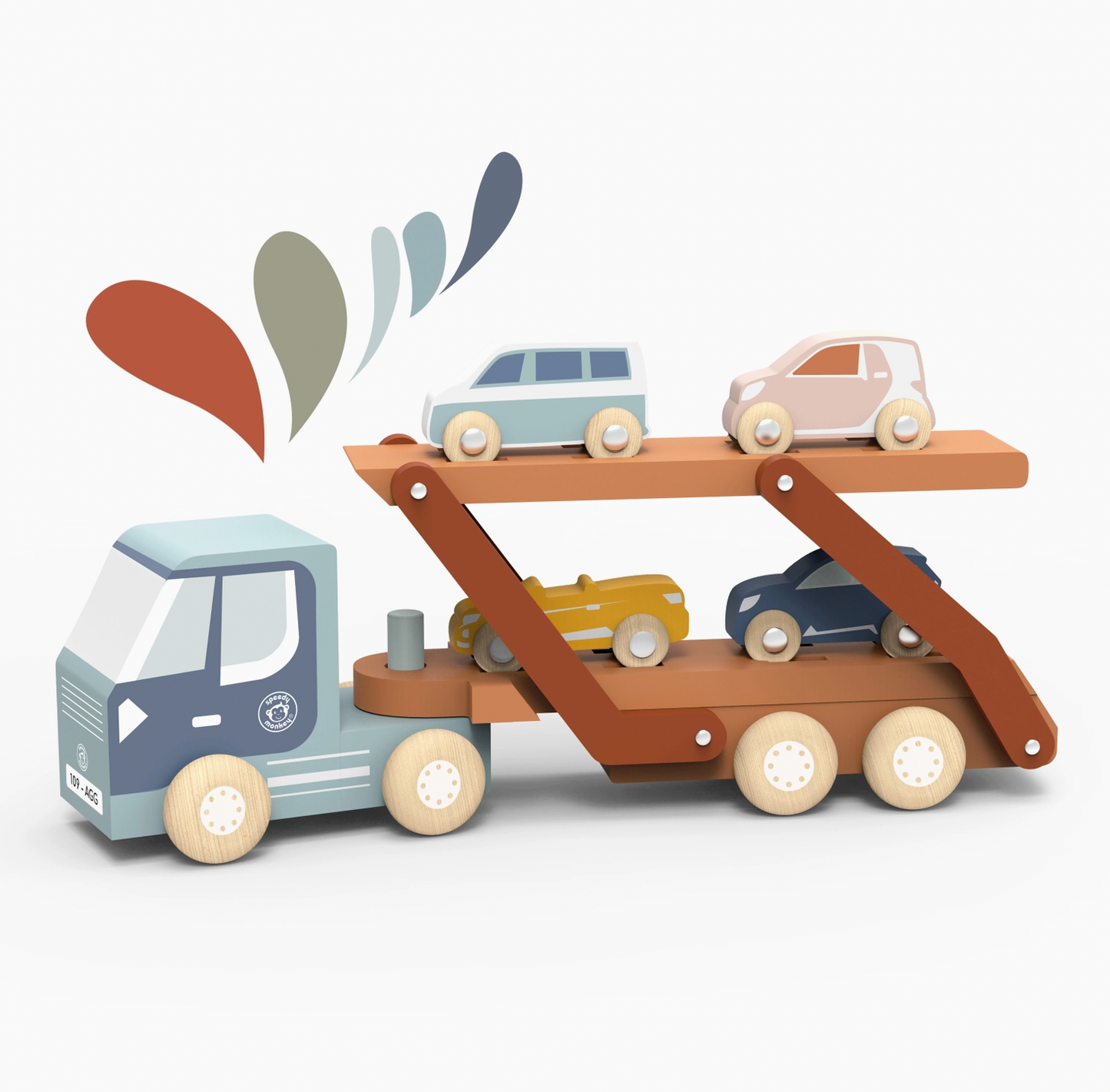 Product shot — truck and trailer loaded with all four cars, colours and ramp mechanism clearly visible