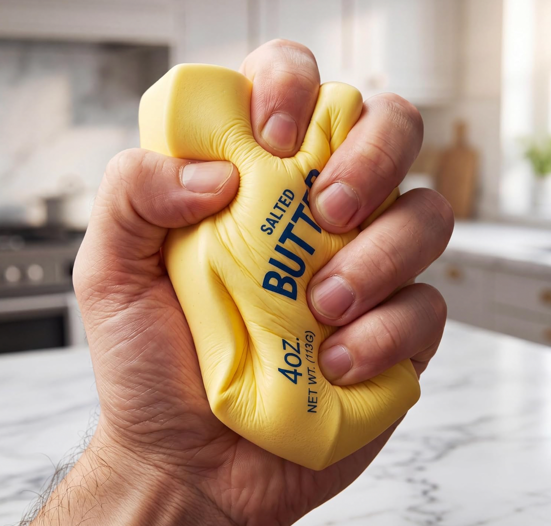 Close-up lifestyle photograph of a hand squeezing the Super Star Butter Squishy toy in a tight fist; the bright butter-yellow slow-rise foam deforms dramatically between the fingers with the surface wrinkling and bulging around the grip; the navy SALTED BUTTER text and 4 OZ. NET WT. (113G) label are partially visible on the compressed foam surface; the background is a softly blurred modern white kitchen interior with marble countertop visible at the lower edge