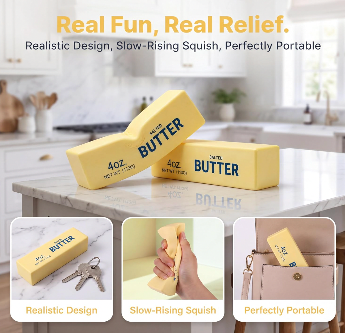  Infographic lifestyle image for the Super Star Butter Squishy slow-rising squishy toy; large bold orange heading text reads Real Fun, Real Relief. with a subtitle Realistic Design, Slow-Rising Squish, Perfectly Portable; main scene: two butter squishy blocks on a white marble kitchen countertop; three inset feature panels: left panel labelled Realistic Design shows the squishy next to house keys for scale; centre panel labelled Slow-Rising Squish shows a hand squeezing the deforming foam; right panel label