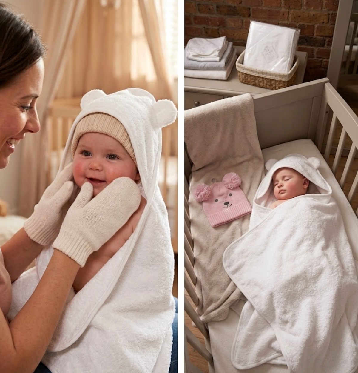 Snuggle Baby 100% Cotton Baby Hooded Towel with Ears in two lifestyle scenes; left scene shows a smiling mother holding a young baby wrapped in the white hooded towel with the bear-ear hood up over a knitted beige hat, the baby smiling in a soft nursery setting; right scene shows a sleeping newborn wrapped in the towel with bear-ear hood on, lying in a white slatted cot with a pink knitted bear-motif hat beside them; folded towels in polybag packaging visible on a dresser in a room with exposed brick walls