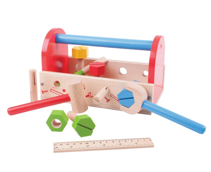 Bigjigs Toys FSC Certified wooden tool box for children's role play; pastel-colour box with hammer, spanner, screwdriver, ruler and nuts and bolts