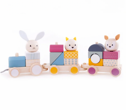 Bigjigs Toys activity pull-along train; colourful wooden train toy designed for children aged 12 months and over