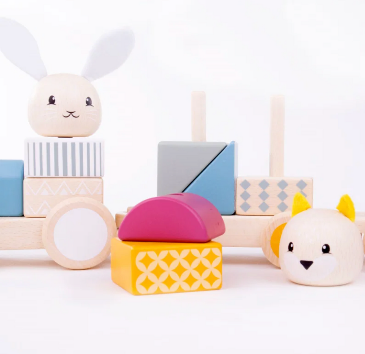 Bigjigs Toys wooden activity pull-along train for toddlers; train design encourages active movement and imaginative play