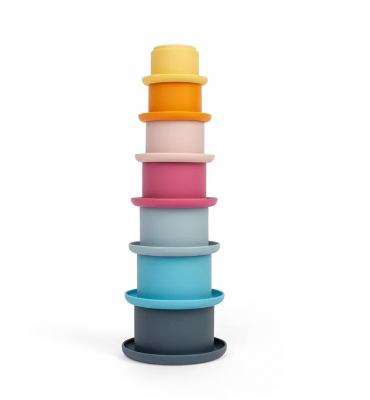 Bigjigs Toys stacking cups activity toy for children aged 12 months and over; hands-on stacking and nesting play represented
