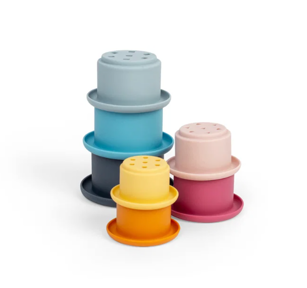Bigjigs stacking cups for toddlers; simple activity toy designed to encourage coordination and early problem-solving