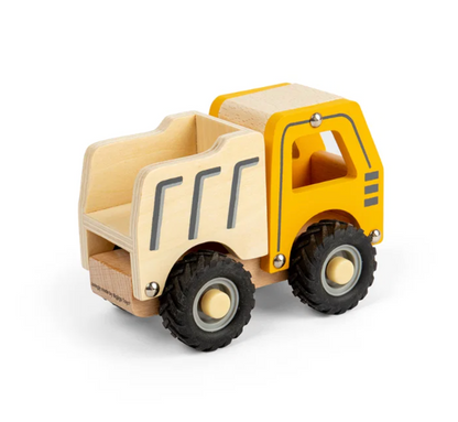 Bigjigs wooden tipper truck toddler toy; construction-themed vehicle designed for hands-on pretend play