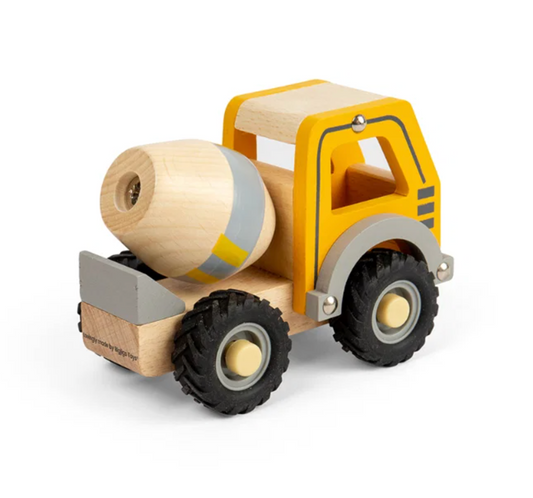 Bigjigs wooden mixer truck toddler toy; construction-themed vehicle designed for hands-on pretend play