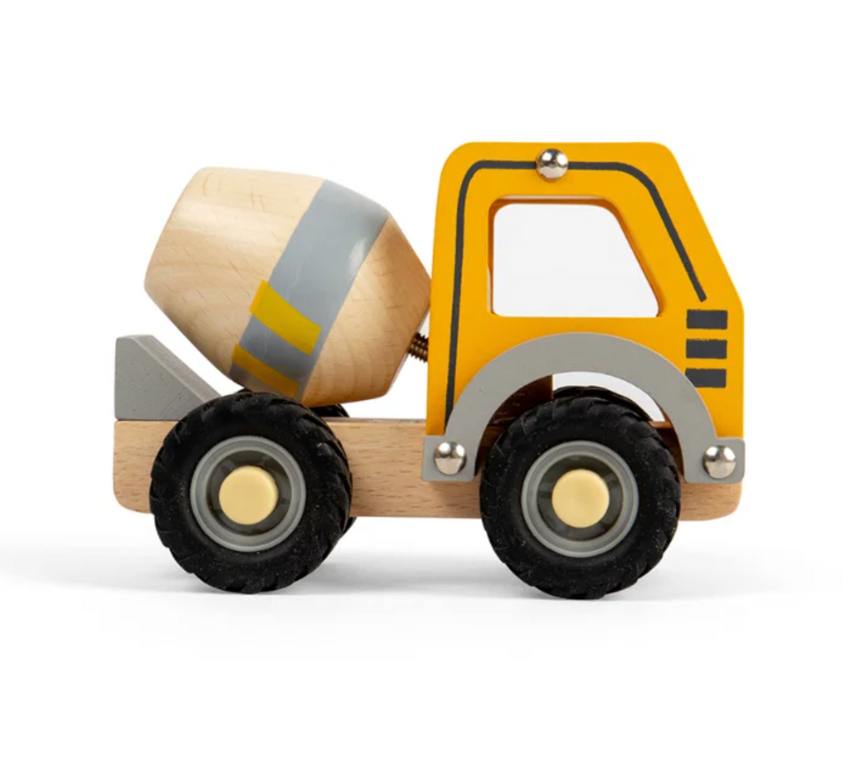 Bigjigs Toys mixer truck product image; wooden toddler vehicle measuring approximately 13.5cm wide, 10cm high and 7.5cm deep