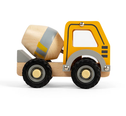 Bigjigs Toys mixer truck product image; wooden toddler vehicle measuring approximately 13.5cm wide, 10cm high and 7.5cm deep