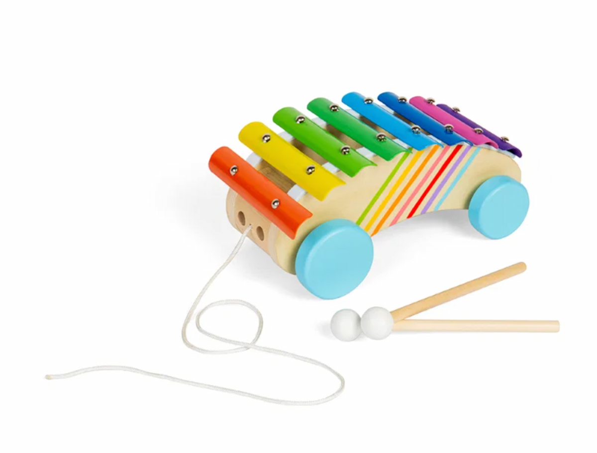 Bigjigs Toys wooden pull-along xylophone; toddler musical toy suitable from 18 months and measuring approximately 22cm wide