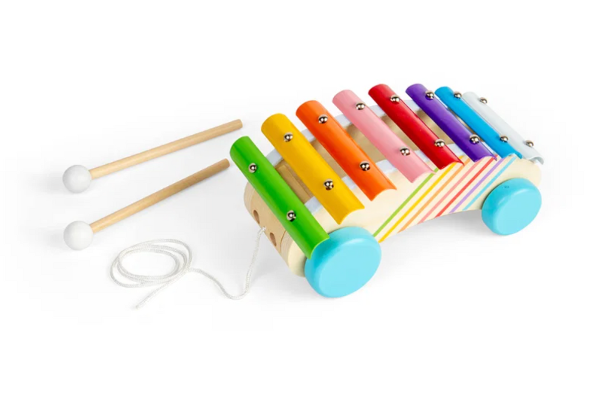 Bigjigs pull-along xylophone musical toy for toddlers; hands-on sound and active play represented