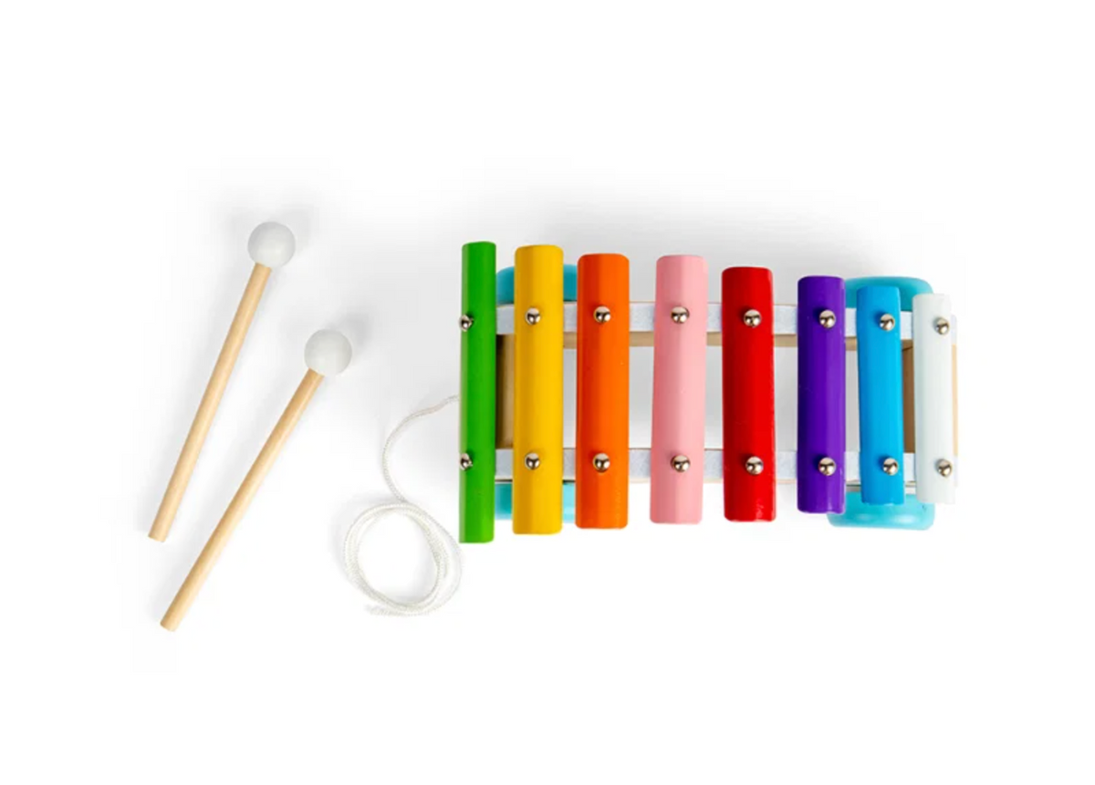 Bigjigs wooden pull-along xylophone for children aged 18 months and over; first musical instrument for playful discovery