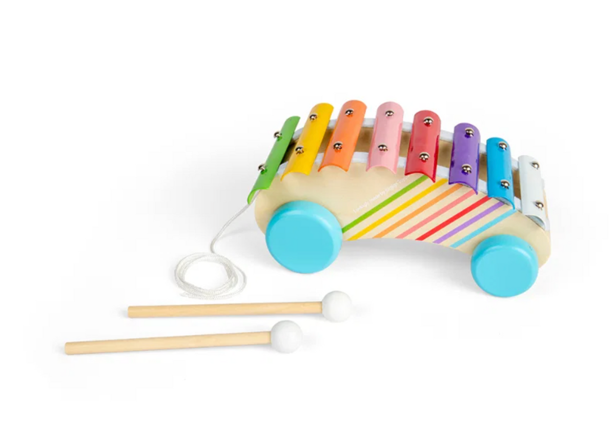 Bigjigs Toys pull-along xylophone product image; wooden toddler musical toy measuring approximately 22cm wide, 10cm high and 13cm deep⠋