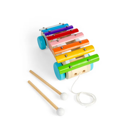 Bigjigs Toys pull-along xylophone for children aged 18 months and over; wooden musical toy combining movement and hands-on music play