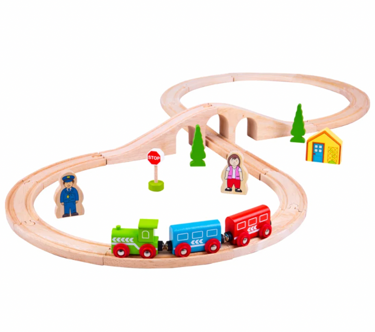 Bigjigs Rail Figure of Eight Train Set; wooden railway set with figure-of-eight track, colourful engine, two carriages, viaduct and accessories