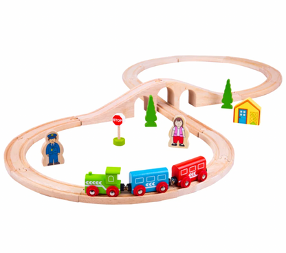 Bigjigs Rail Figure of Eight Train Set; wooden railway set with figure-of-eight track, colourful engine, two carriages, viaduct and accessories
