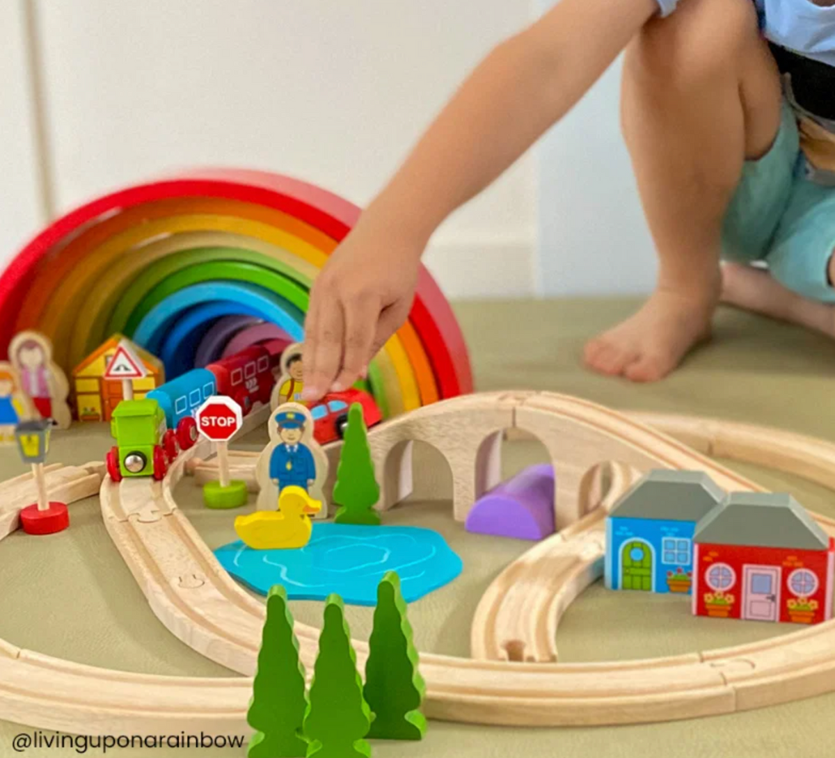 Bigjigs Rail Figure of Eight Train Set product image; wooden track pieces form a raised figure-of-eight railway with a viaduct crossing