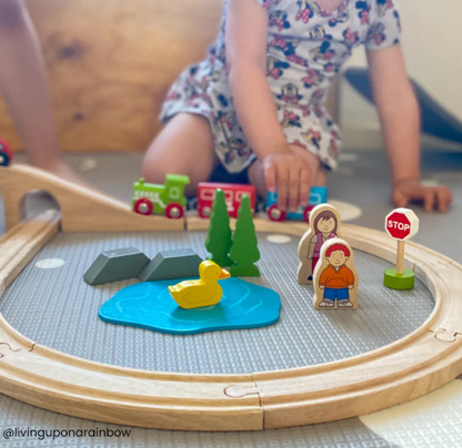 Bigjigs Rail Figure of Eight Train Set product image; wooden railway set measuring approximately 102cm wide, 7.5cm high and 46cm deep