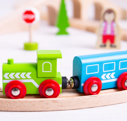 Bigjigs wooden railway train set with colourful engine and two carriages; Figure of Eight layout for imaginative play from 3 years