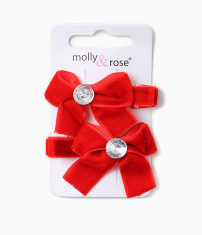 Molly & Rose red velvet fabric bow hair clip with crystal bead centre; decorative 5cm fork clip and 4cm bow