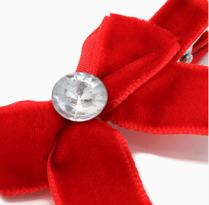 Molly & Rose red velvet bow hair clip product image; crystal bead centre and neat fabric bow for occasion or everyday wear