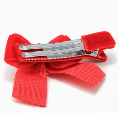 Red velvet bow hair clip by Molly & Rose; soft fabric bow with crystal bead centre for polished hairstyle styling
