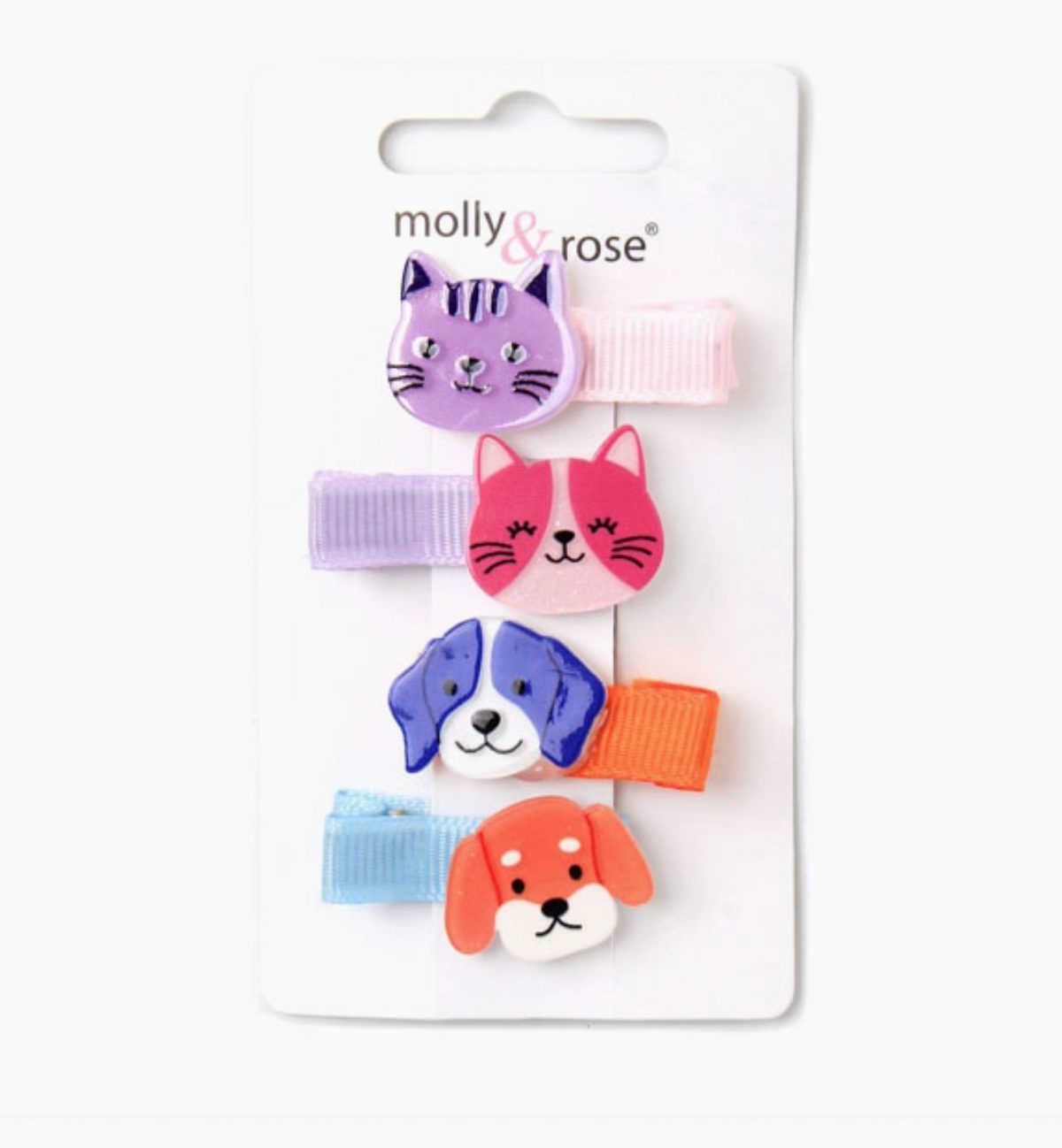 Molly & Rose set of four cat and dog ribbon-covered hair clips; assorted plastic animal motifs on 3cm fork clips
