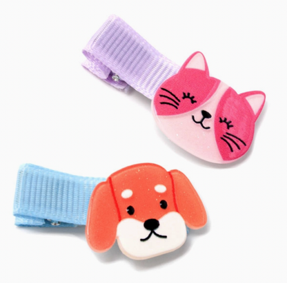 Molly & Rose animal hair clip set; four assorted plastic cat and dog motifs, each measuring approximately 2cm