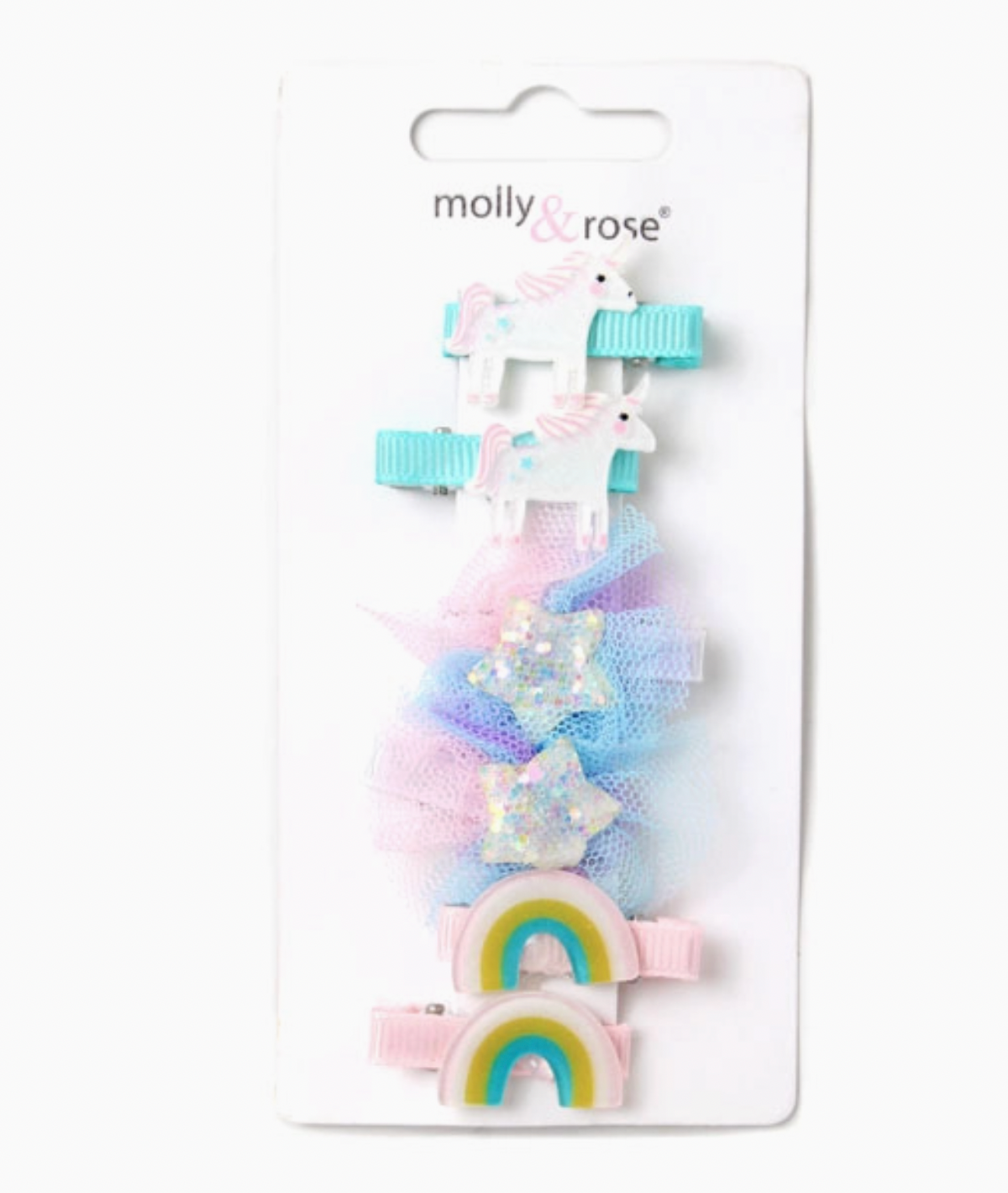 Molly & Rose set of six ribbon-covered beak hair clips; two unicorn, two glitter-star and two rainbow motifs, each on a 3cm clip