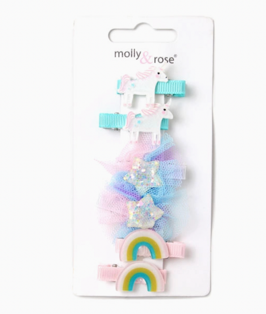 Molly & Rose set of six ribbon-covered beak hair clips; two unicorn, two glitter-star and two rainbow motifs, each on a 3cm clip
