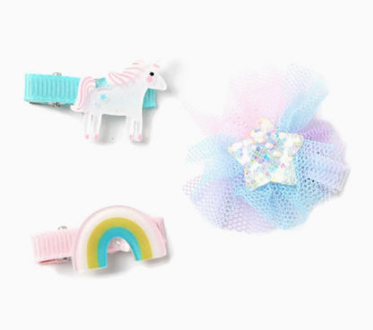 Unicorn, glitter-star and rainbow hair clips by Molly & Rose; six colourful ribbon-covered clips with two of each design
