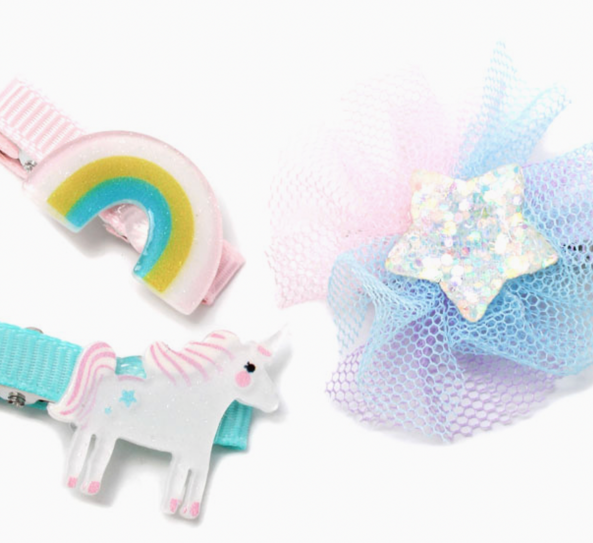 Molly & Rose magical hair clip set; six 3cm ribbon-covered beak clips featuring unicorn, glitter-star and rainbow motifs⠋