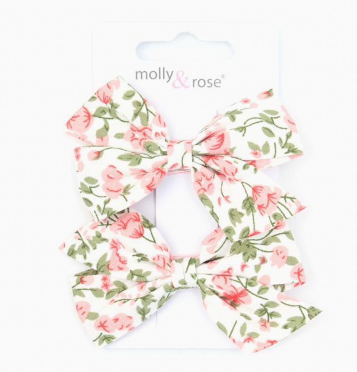 Molly & Rose set of two white floral-print bow hair clips; 7.5cm bows attached to pink 5cm fabric-covered fork clips
