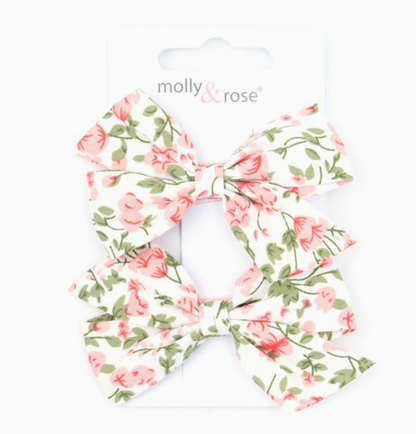 Molly & Rose set of two white floral-print bow hair clips; 7.5cm bows attached to pink 5cm fabric-covered fork clips