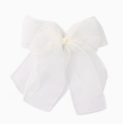 Molly & Rose large chiffon bow hair clip in ivory; one decorative 17cm bow with approximately 15cm tails and 100% polyester fabric