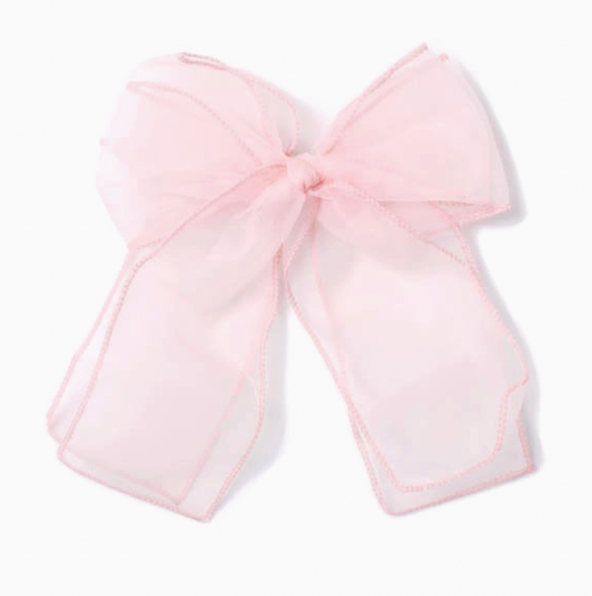 Large pale pink chiffon bow hair clip by Molly & Rose; 100% polyester fabric bow with long flowing tails for occasion styling