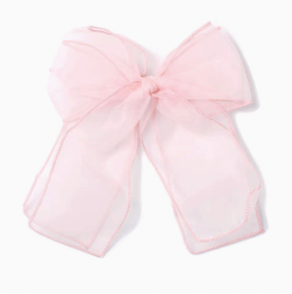 Large pale pink chiffon bow hair clip by Molly & Rose; 100% polyester fabric bow with long flowing tails for occasion styling
