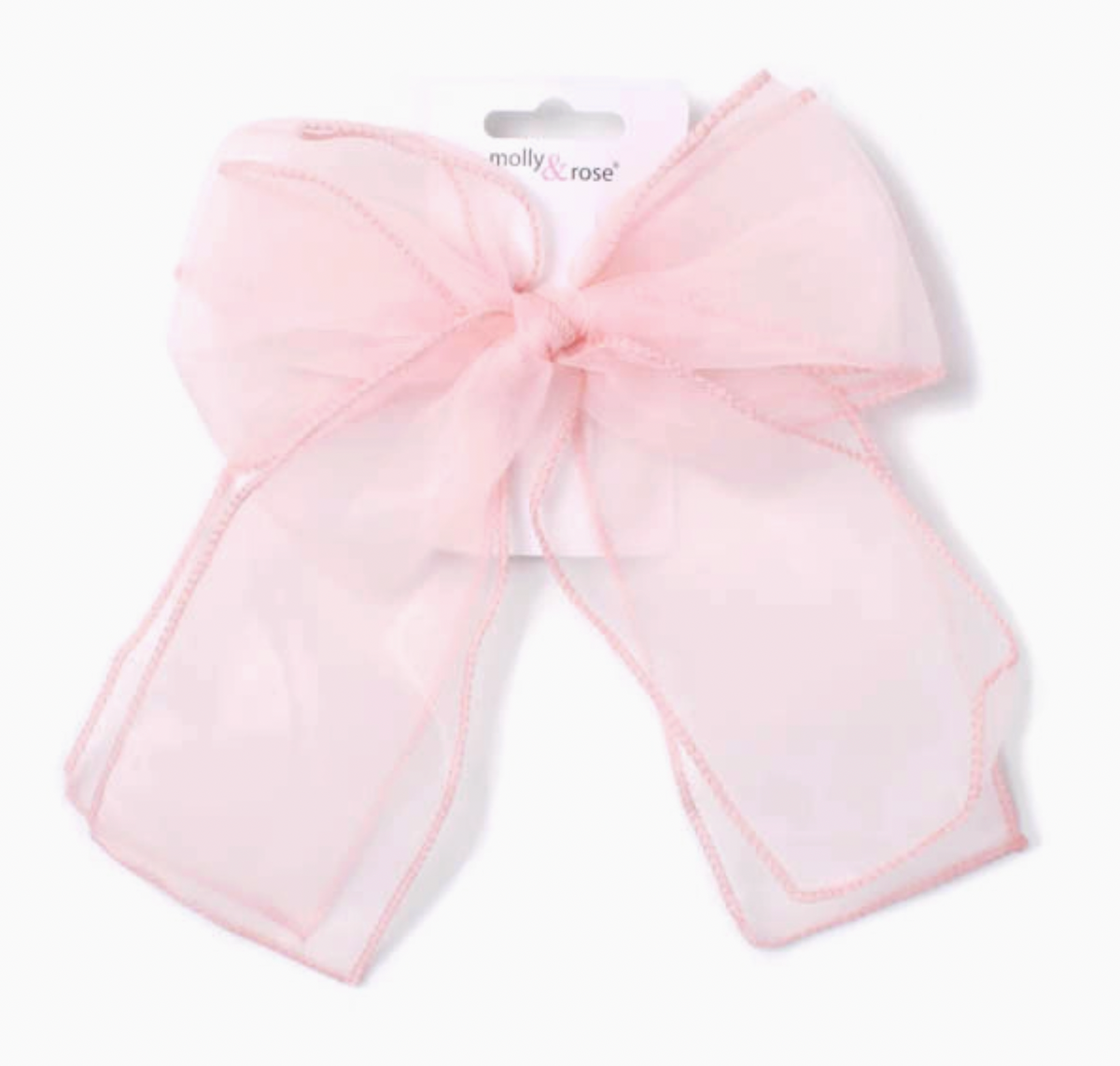 Molly & Rose large pale pink chiffon double bow hair clip; 17cm bow with approximately 14cm tails on an 8cm barrette clip