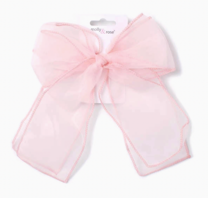 Molly & Rose large pale pink chiffon double bow hair clip; 17cm bow with approximately 14cm tails on an 8cm barrette clip