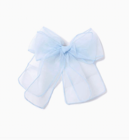 Molly & Rose large light blue chiffon double bow hair clip; 18cm bow with approximately 14cm tails on an 8cm barrette clip