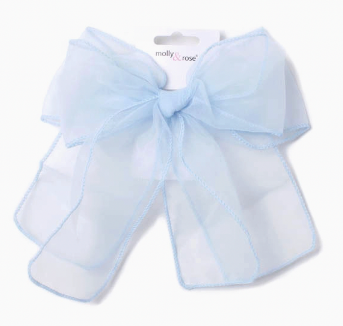 Large light blue chiffon bow hair clip by Molly & Rose; 100% polyester fabric bow with long flowing tails for occasion styling