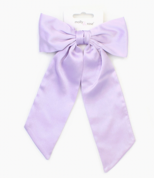Molly & Rose large lilac satin fabric hair bow; 13cm bow with 19cm tails on a 10cm barrette clip