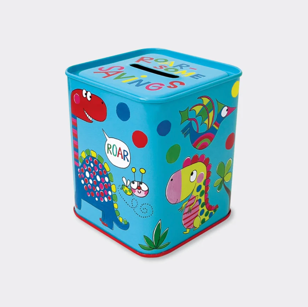 Rachel Ellen bright blue dinosaur money box tin with colourful dinosaur illustrations, patterned sides and a coin slot in the lid