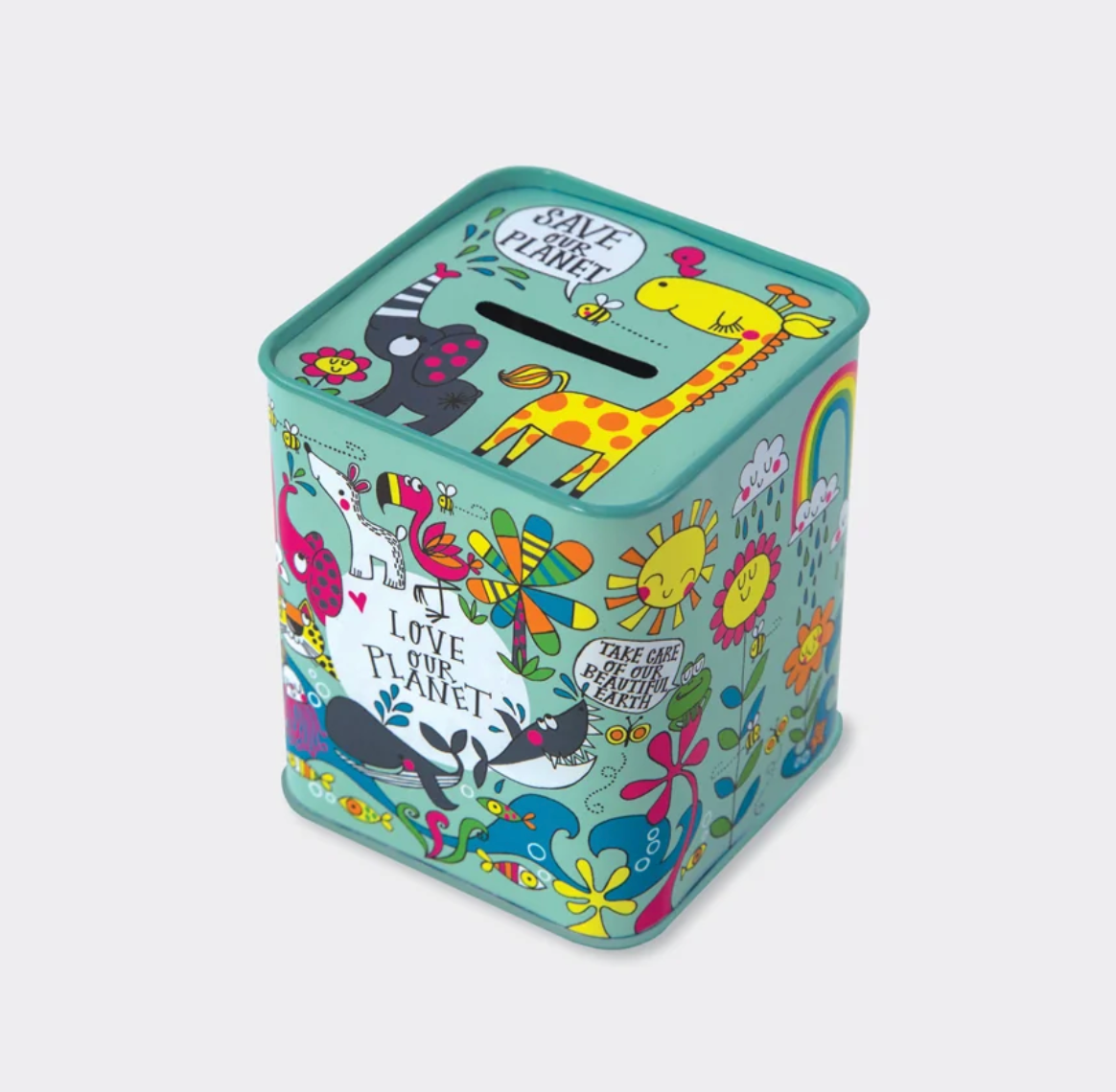 Rachel Ellen Love Our Planet nature money box tin in aqua green; top shows a giraffe, elephant, bees and Save Our Planet message, while the sides feature colourful animals, flowers, rainbow and Love Our Planet lettering