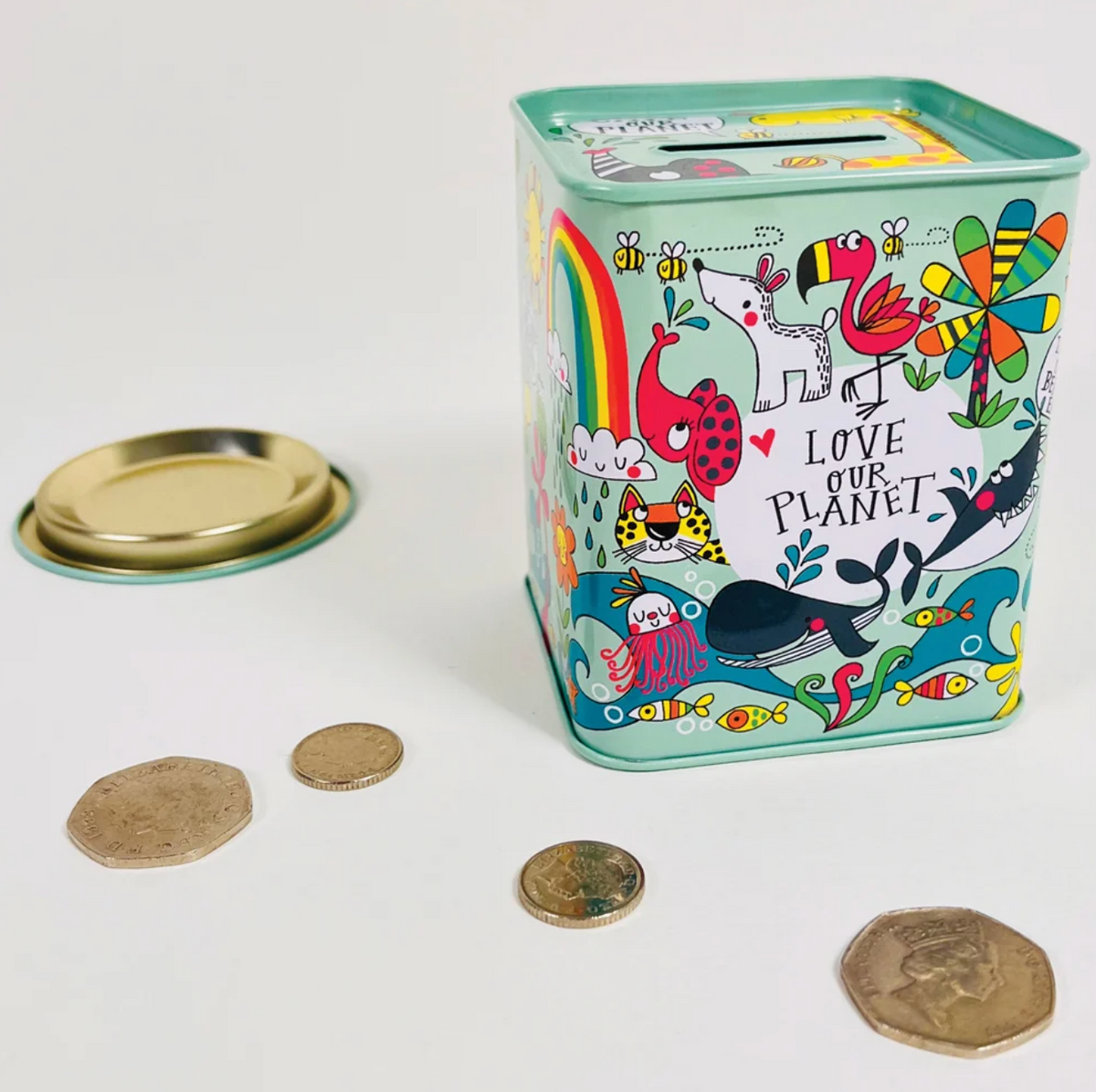 Rachel Ellen Love Our Planet animal money box tin with giraffe, elephant, whale, flamingo, zebra, cat, ladybird, fish and flowers; removable round base and coins shown beside the tin