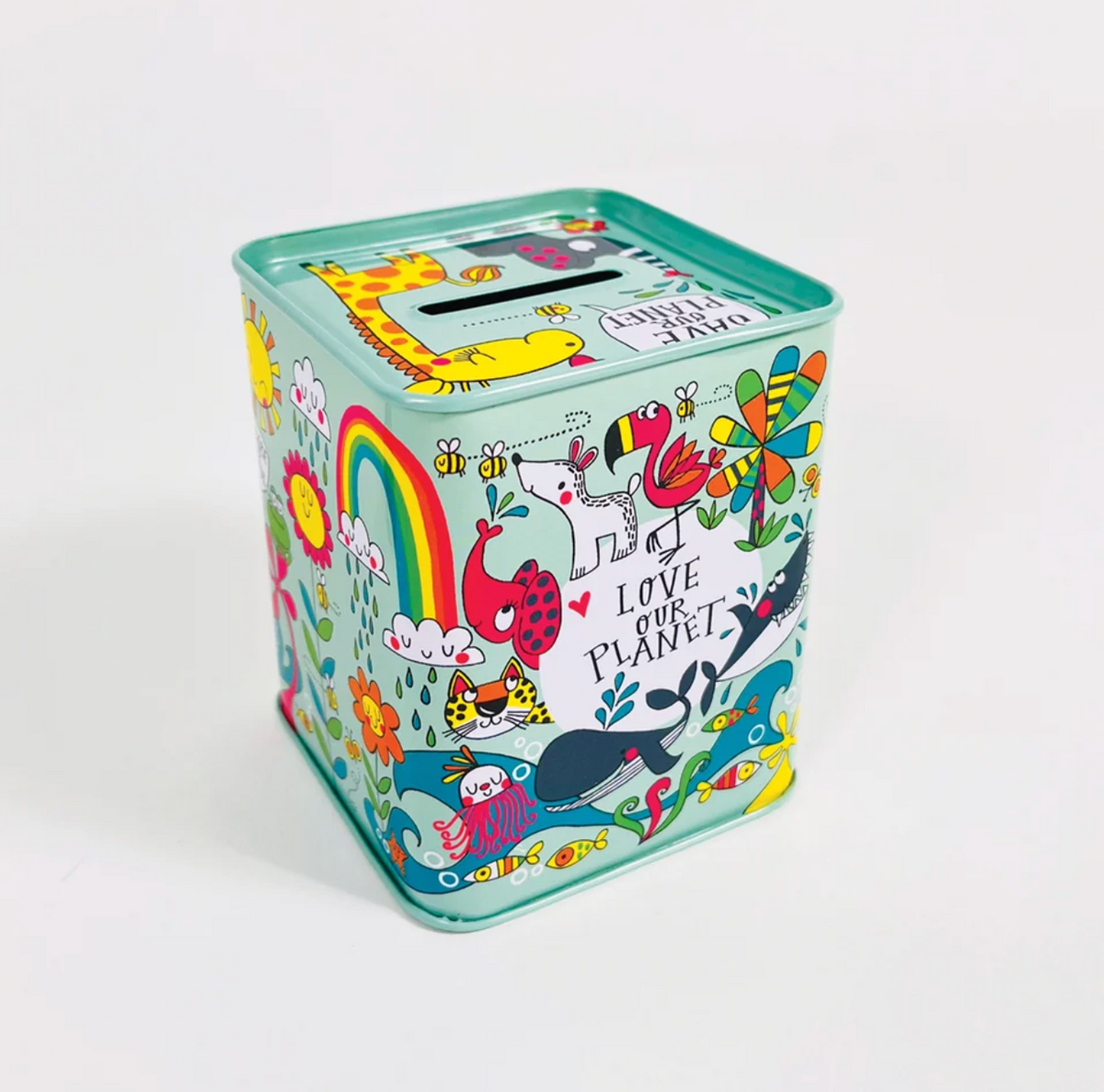 Rachel Ellen aqua-green Love Our Planet money box tin with top coin slot and colourful animal artwork, including giraffe, elephant, whale, flamingo, zebra, rainbow, flowers, bees and fish