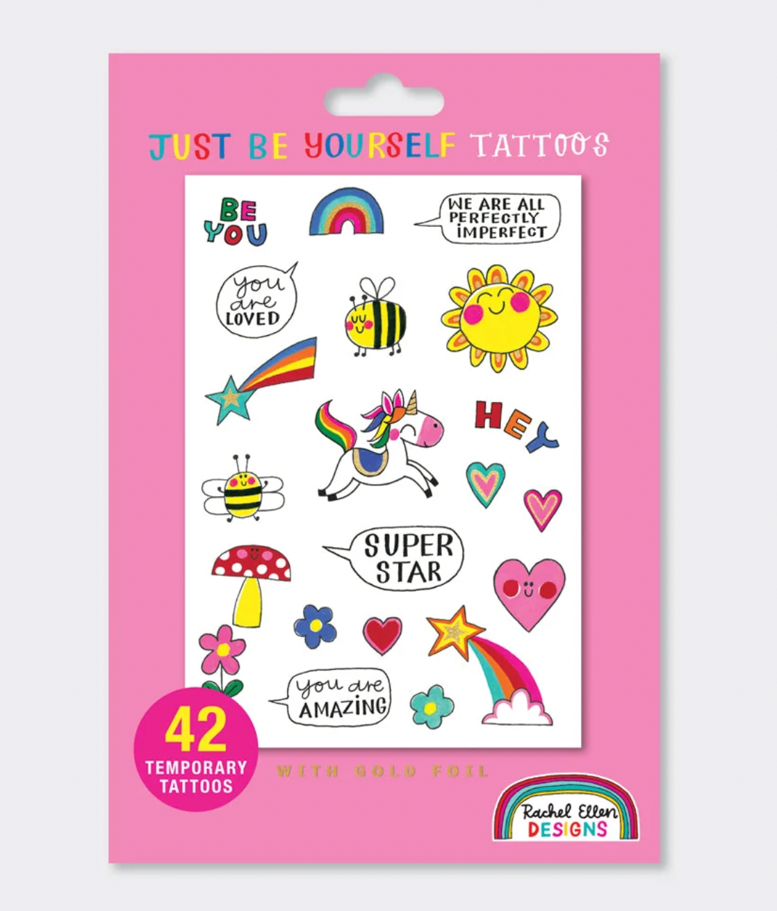 Rachel Ellen Just Be Yourself temporary tattoo wallet in pink; front shows 42 colourful tattoos including a unicorn, rainbow, bees, smiling sun, hearts, flowers, stars and positive messages